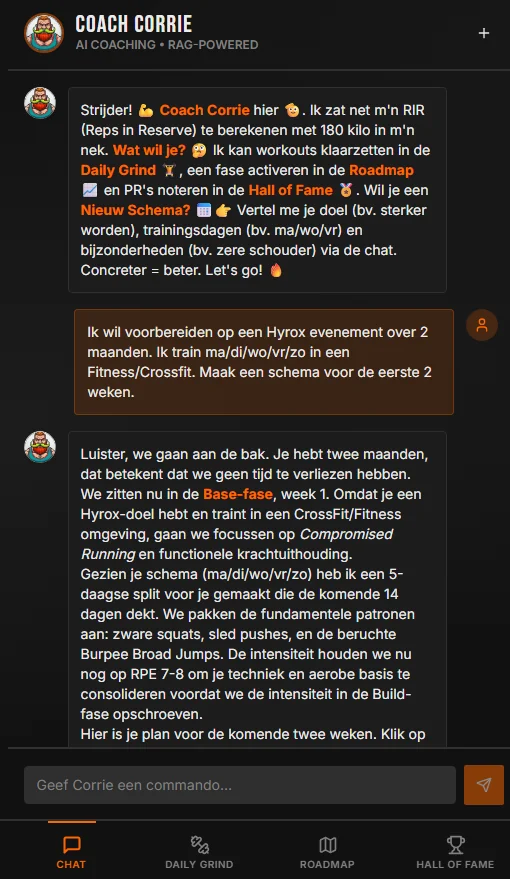 Coach Corrie AI chat — Hyrox voorbereiding overleg