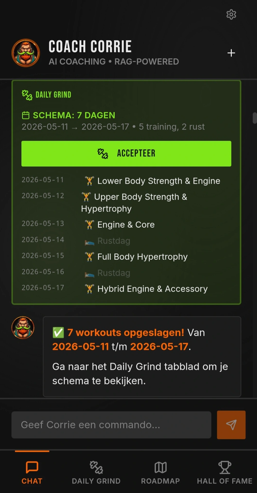 Coach Corrie AI chat — schema van 14 dagen automatisch ingepland