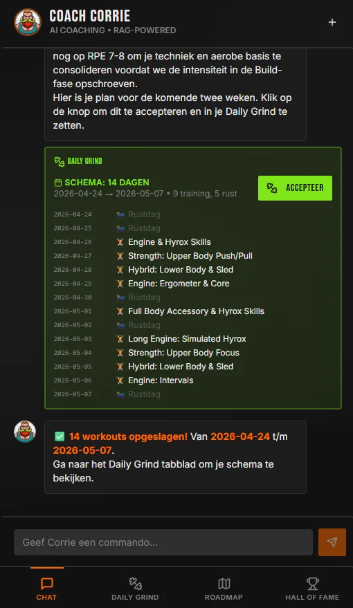 Coach Corrie AI chat — schema van 14 dagen automatisch ingepland