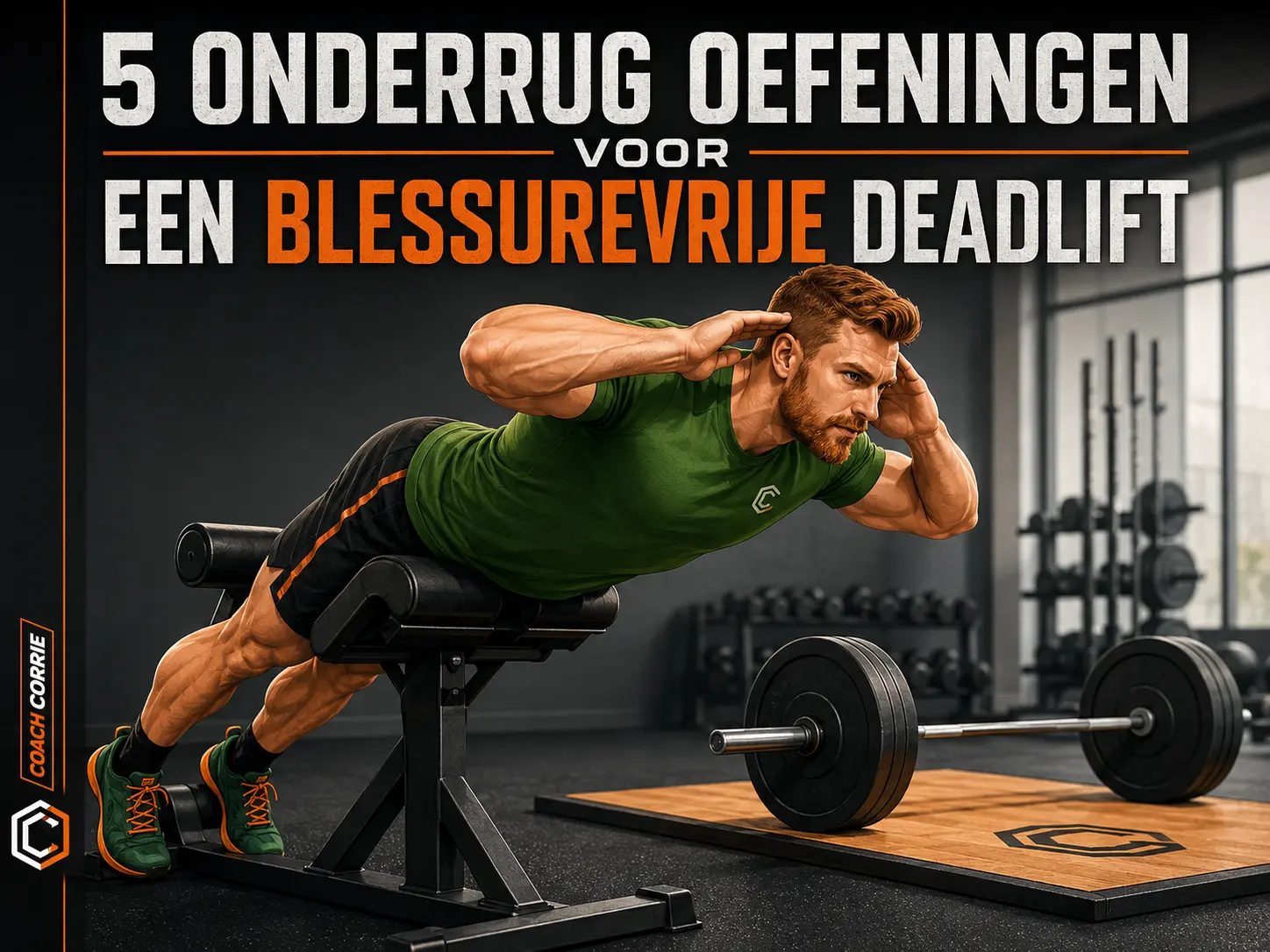Een atleet die zich voorbereidt op een zware deadlift, focus op de aangespannen onderrug.
